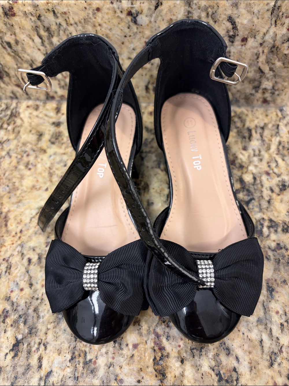Lucky Top Black Patent Bow Ankle-Strap Heels size 11 girls